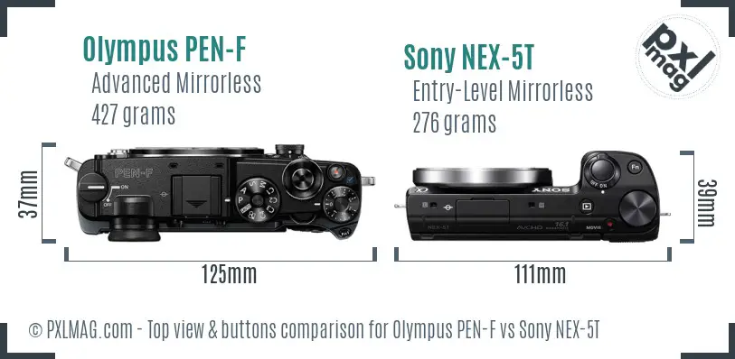 Olympus PEN-F vs Sony NEX-5T top view buttons comparison