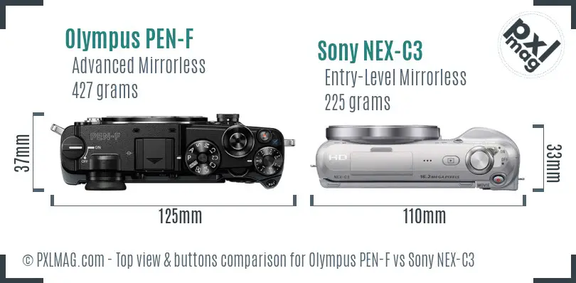Olympus PEN-F vs Sony NEX-C3 top view buttons comparison