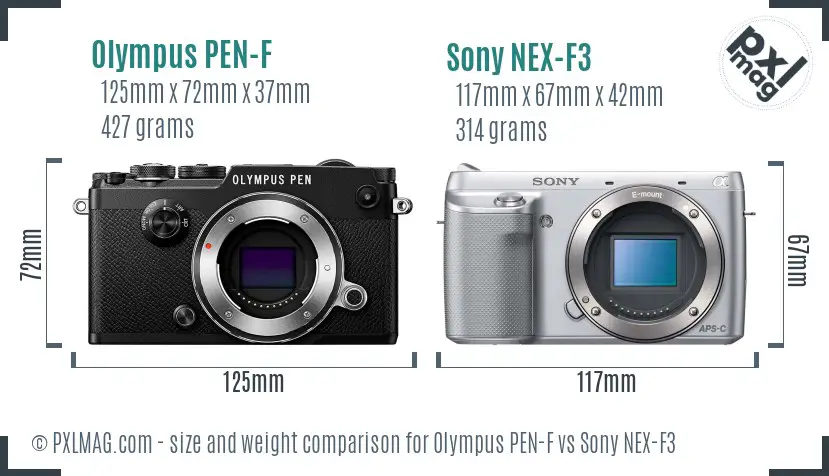 Olympus PEN-F vs Sony NEX-F3 size comparison