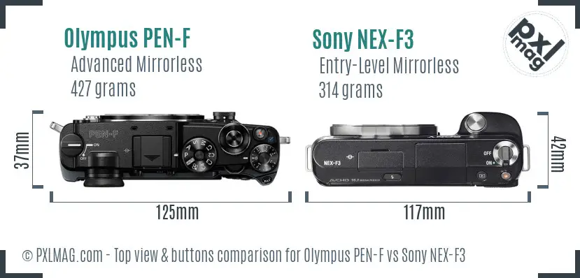 Olympus PEN-F vs Sony NEX-F3 top view buttons comparison