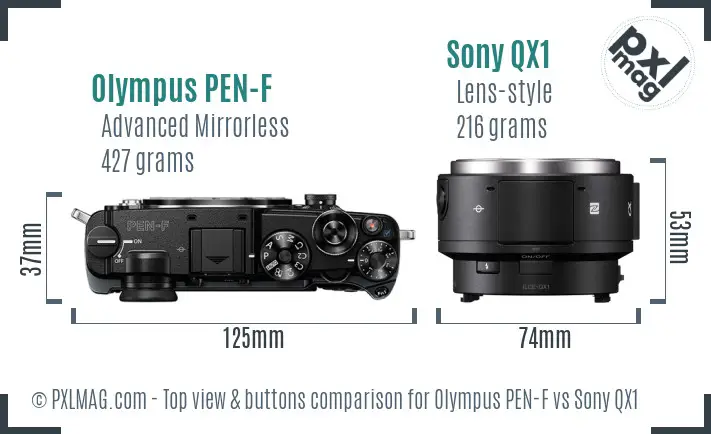 Olympus PEN-F vs Sony QX1 top view buttons comparison Olympus PEN-F vs Sony QX1 top view buttons comparison