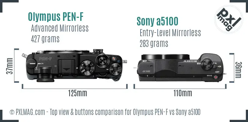 Olympus PEN-F vs Sony a5100 top view buttons comparison