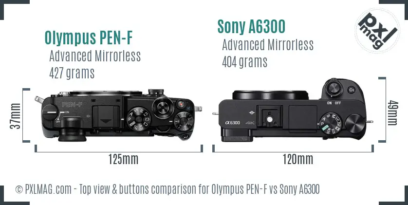 Olympus PEN-F vs Sony A6300 top view buttons comparison