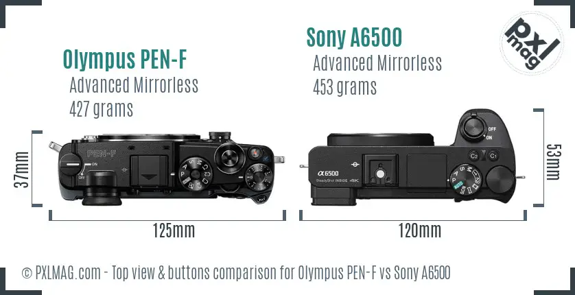 Olympus PEN-F vs Sony A6500 top view buttons comparison