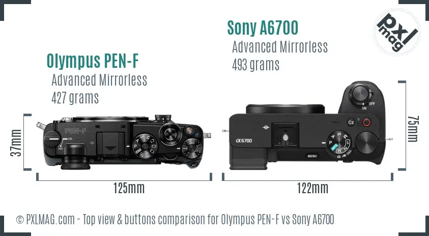 Olympus PEN-F vs Sony A6700 top view buttons comparison