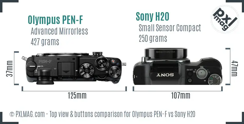 Olympus PEN-F vs Sony H20 top view buttons comparison