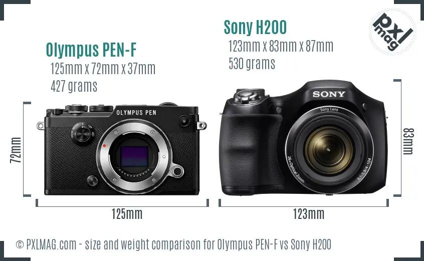 Olympus PEN-F vs Sony H200 size comparison