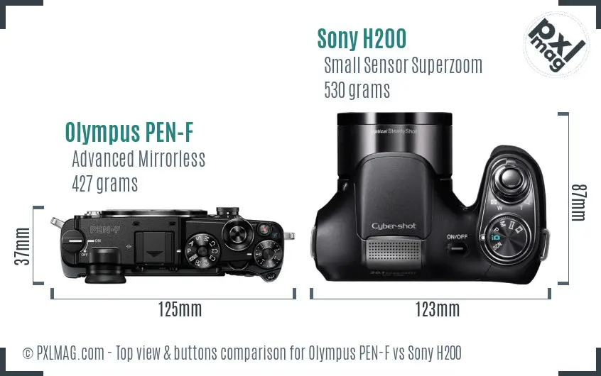 Olympus PEN-F vs Sony H200 top view buttons comparison