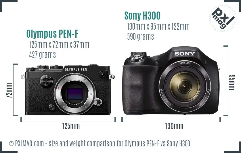 Olympus PEN-F vs Sony H300 size comparison