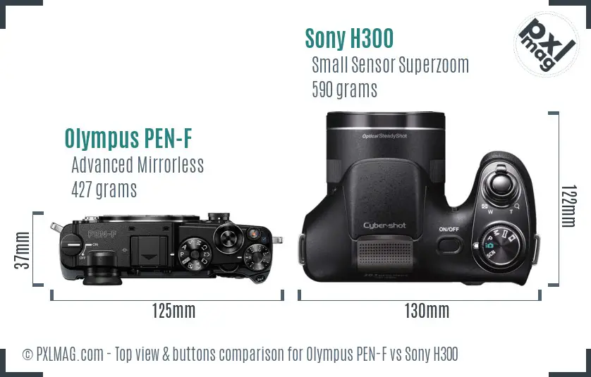 Olympus PEN-F vs Sony H300 top view buttons comparison