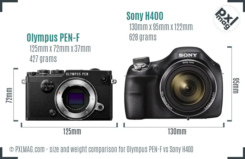 Olympus PEN-F vs Sony H400 size comparison