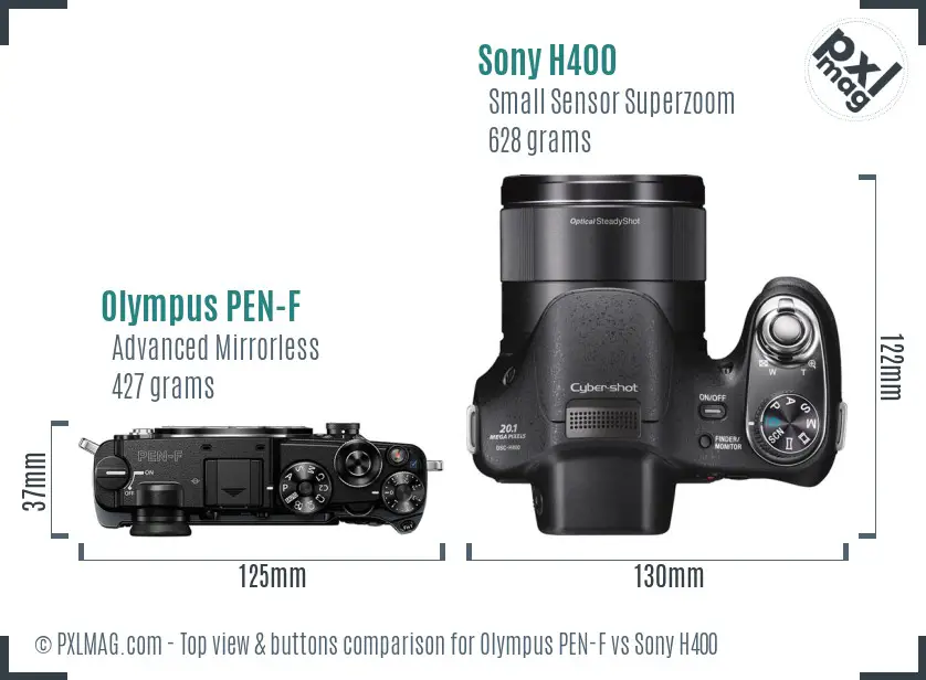 Olympus PEN-F vs Sony H400 top view buttons comparison
