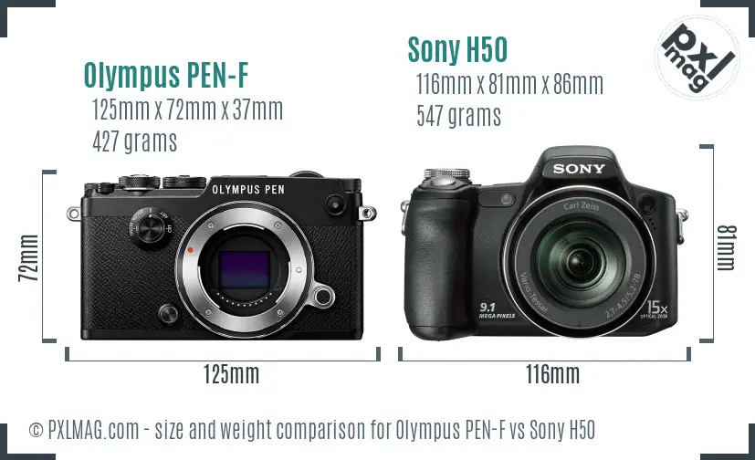 Olympus PEN-F vs Sony H50 size comparison