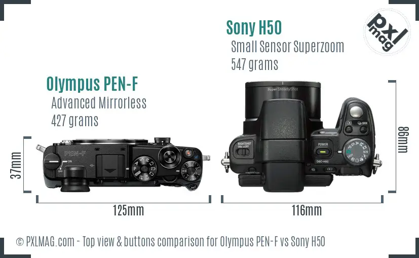 Olympus PEN-F vs Sony H50 top view buttons comparison