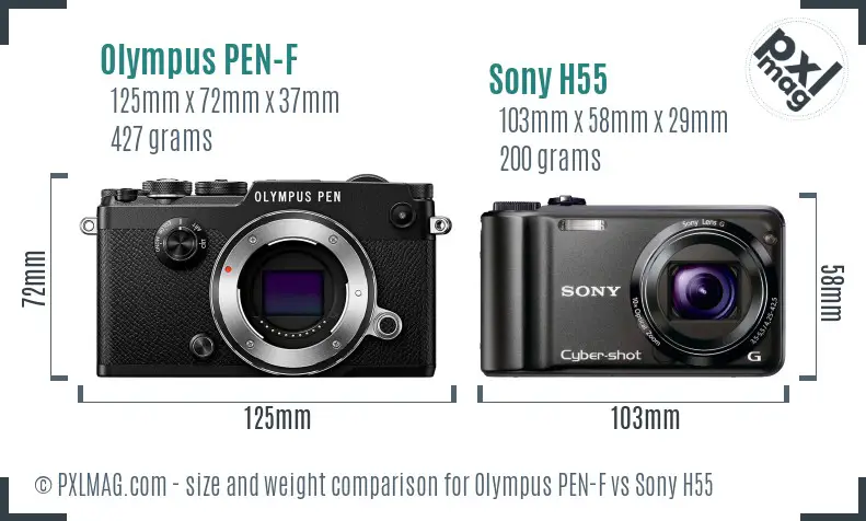Olympus PEN-F vs Sony H55 size comparison