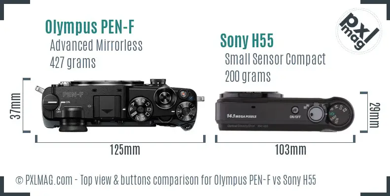 Olympus PEN-F vs Sony H55 top view buttons comparison