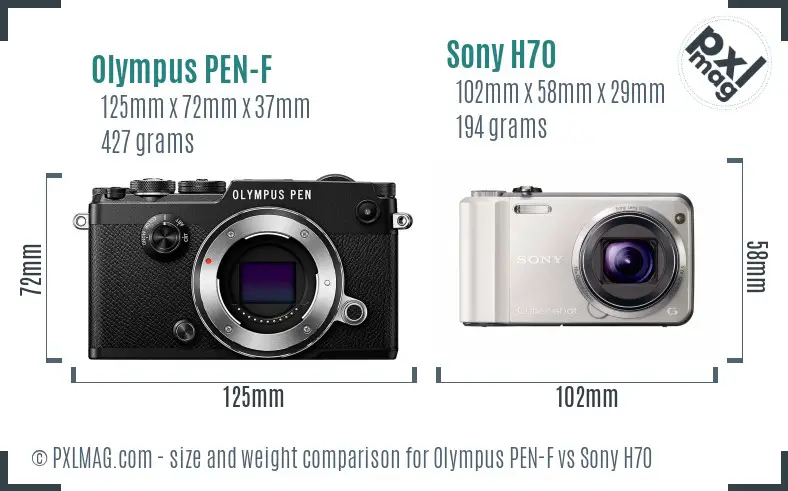 Olympus PEN-F vs Sony H70 size comparison