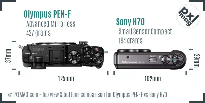 Olympus PEN-F vs Sony H70 top view buttons comparison