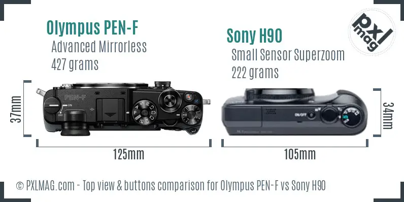 Olympus PEN-F vs Sony H90 top view buttons comparison