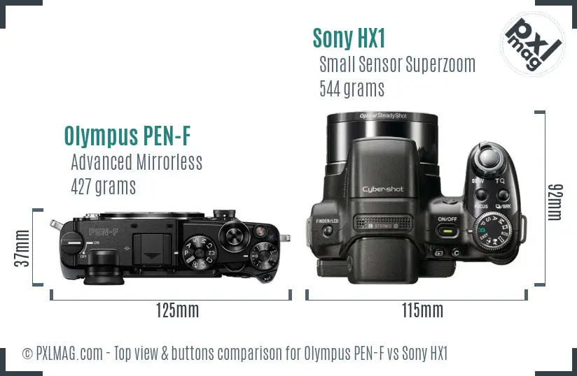 Olympus PEN-F vs Sony HX1 top view buttons comparison