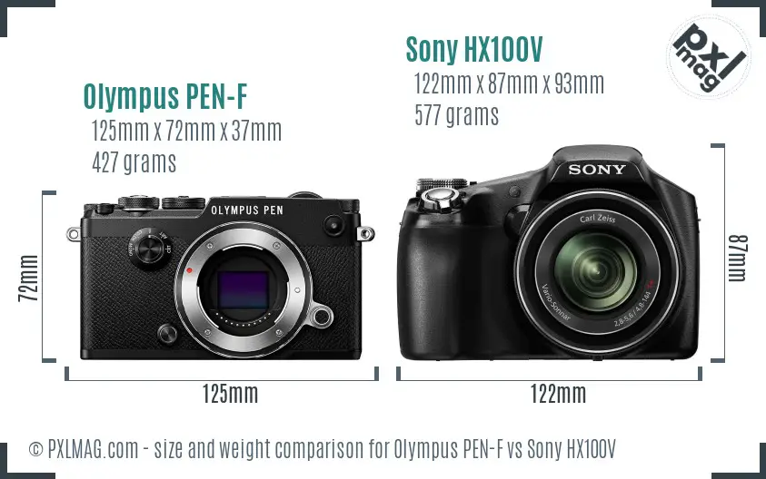 Olympus PEN-F vs Sony HX100V size comparison