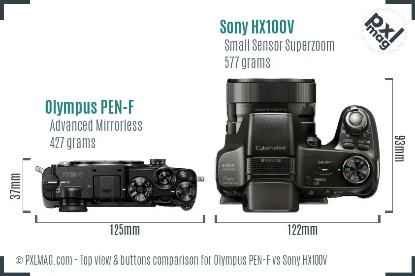 Olympus PEN-F vs Sony HX100V top view buttons comparison