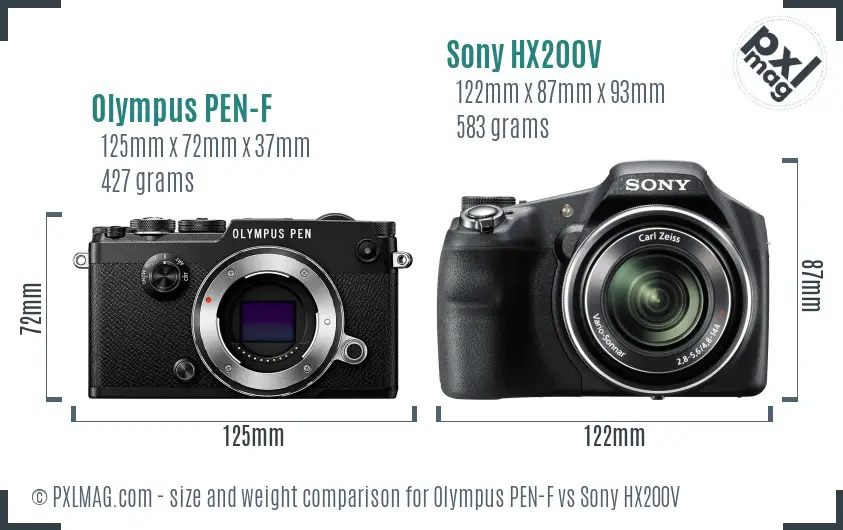 Olympus PEN-F vs Sony HX200V size comparison