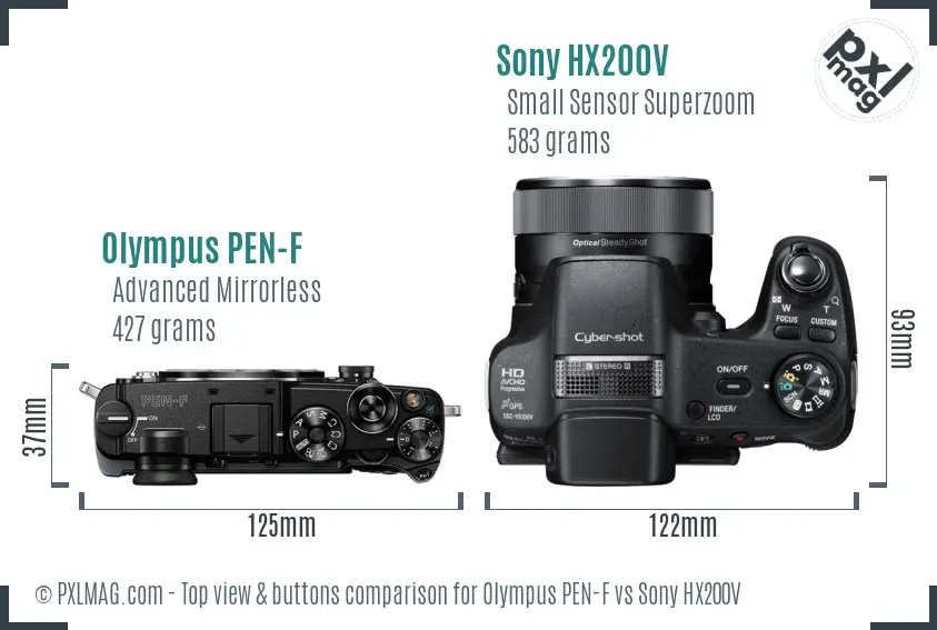 Olympus PEN-F vs Sony HX200V top view buttons comparison