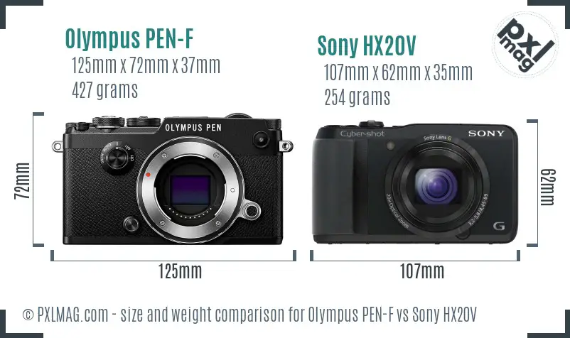 Olympus PEN-F vs Sony HX20V size comparison