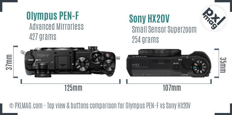 Olympus PEN-F vs Sony HX20V top view buttons comparison