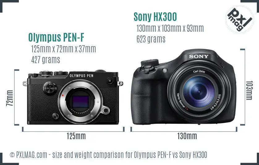 Olympus PEN-F vs Sony HX300 size comparison