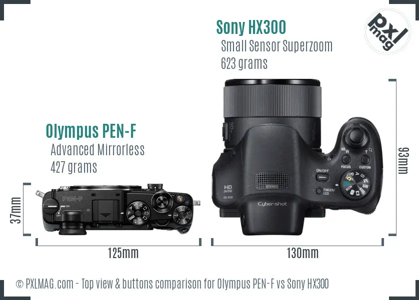 Olympus PEN-F vs Sony HX300 top view buttons comparison