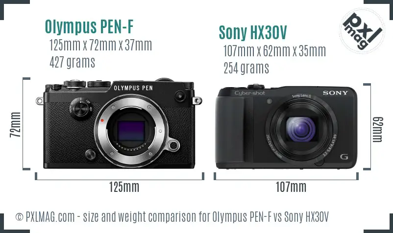 Olympus PEN-F vs Sony HX30V size comparison