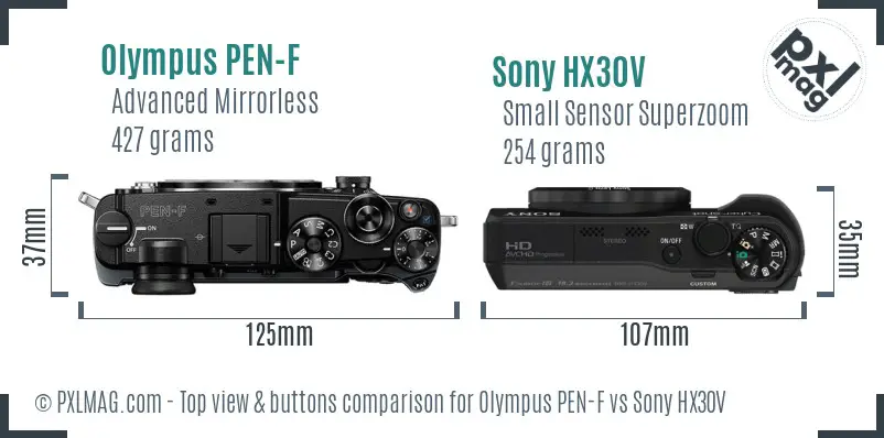 Olympus PEN-F vs Sony HX30V top view buttons comparison