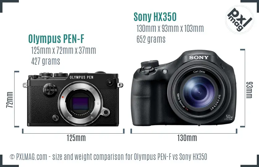 Olympus PEN-F vs Sony HX350 size comparison