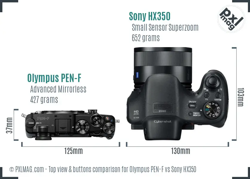 Olympus PEN-F vs Sony HX350 top view buttons comparison