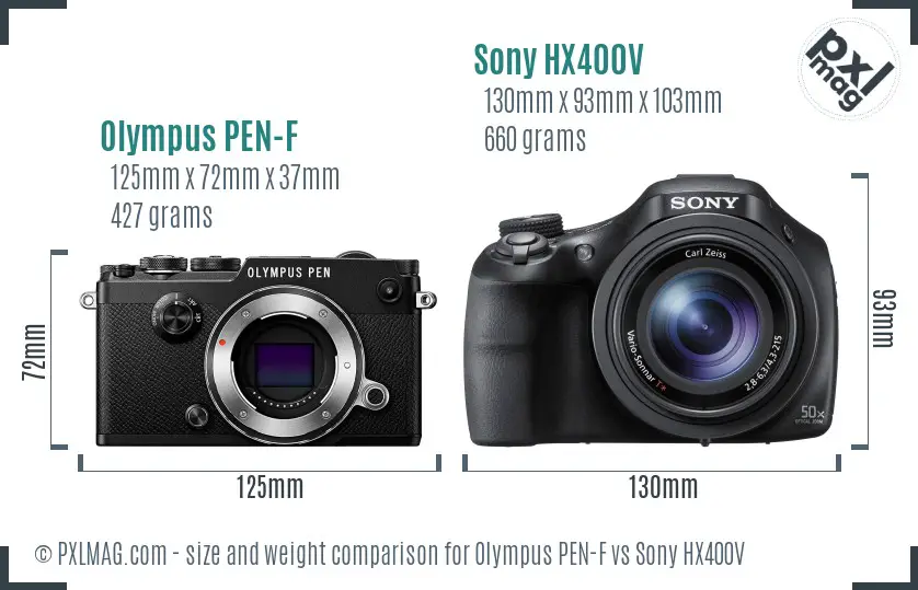 Olympus PEN-F vs Sony HX400V size comparison