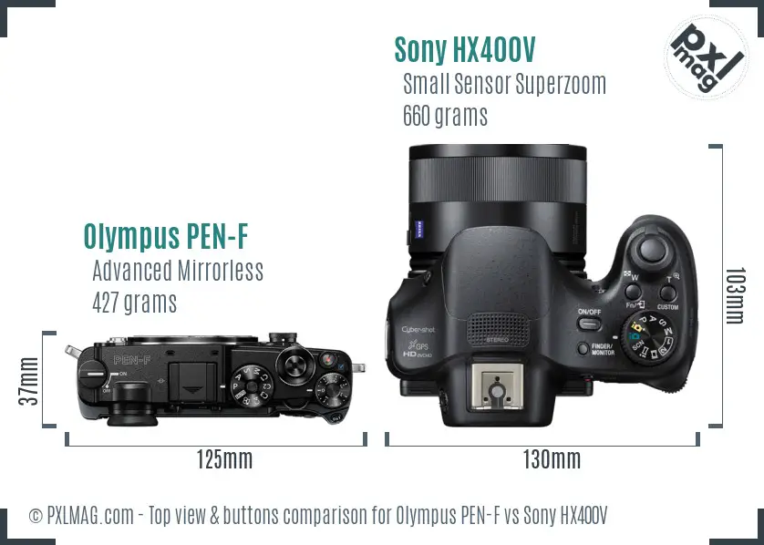 Olympus PEN-F vs Sony HX400V top view buttons comparison