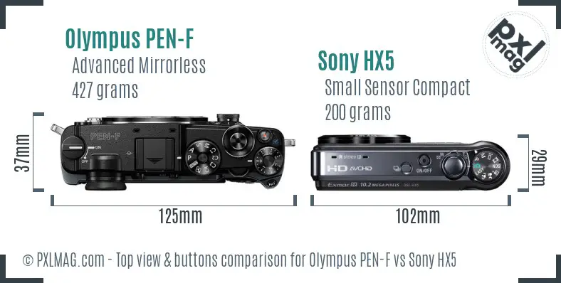 Olympus PEN-F vs Sony HX5 top view buttons comparison