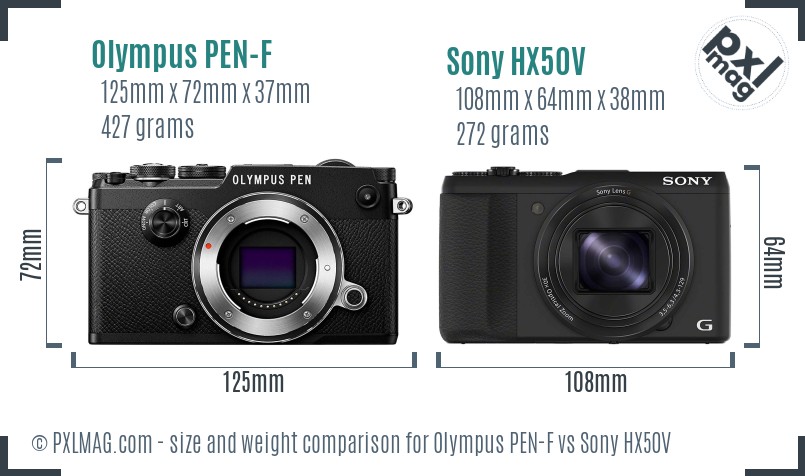 Olympus PEN-F vs Sony HX50V size comparison