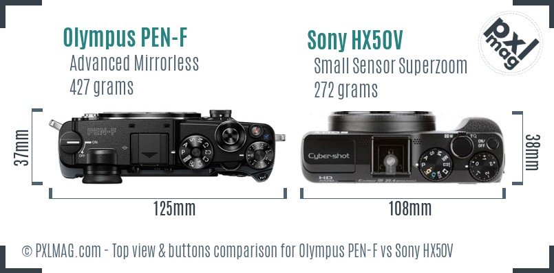 Olympus PEN-F vs Sony HX50V top view buttons comparison