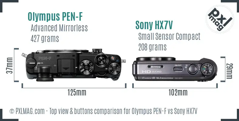 Olympus PEN-F vs Sony HX7V top view buttons comparison