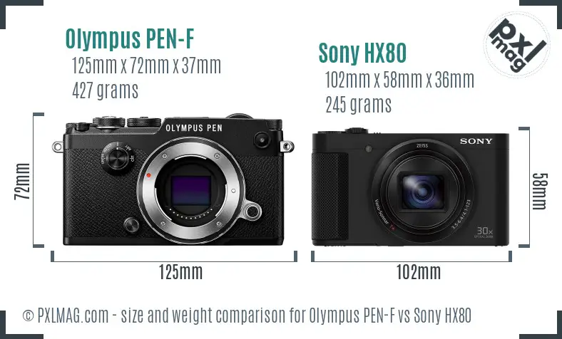 Olympus PEN-F vs Sony HX80 size comparison