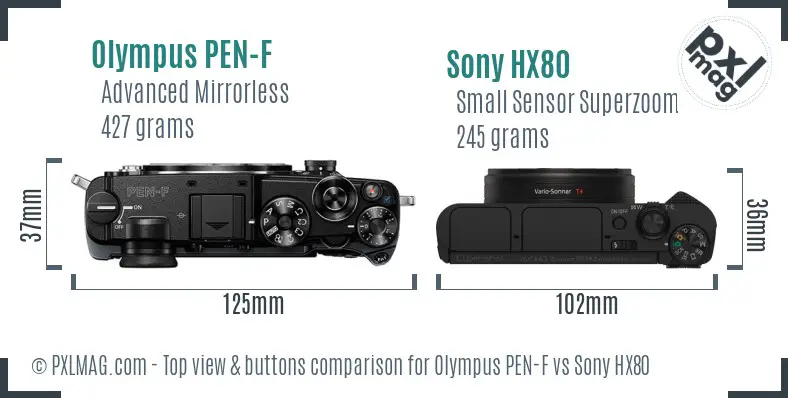 Olympus PEN-F vs Sony HX80 top view buttons comparison