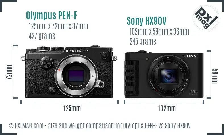 Olympus PEN-F vs Sony HX90V size comparison