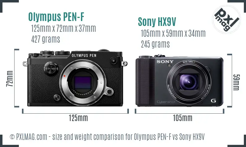 Olympus PEN-F vs Sony HX9V size comparison
