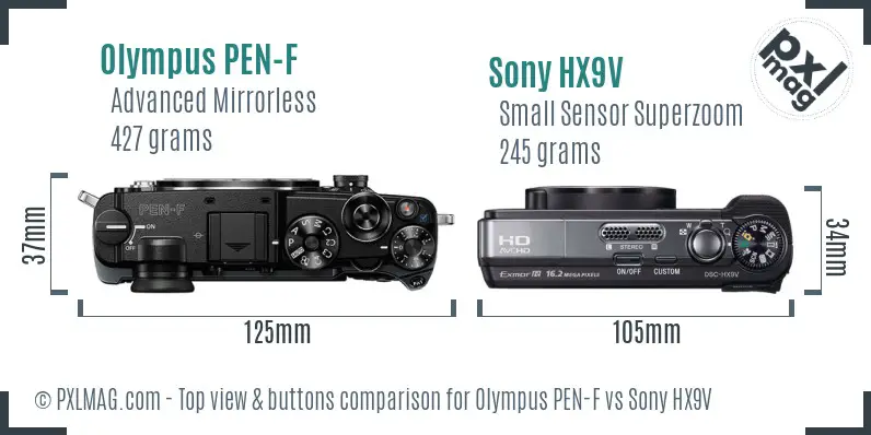 Olympus PEN-F vs Sony HX9V top view buttons comparison