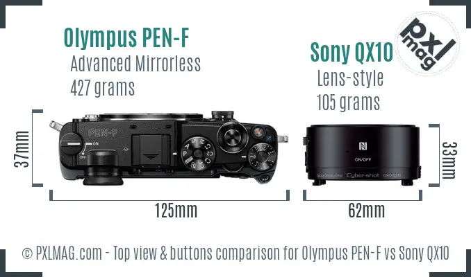 Olympus PEN-F vs Sony QX10 top view buttons comparison Olympus PEN-F vs Sony QX10 top view buttons comparison