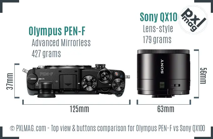 Olympus PEN-F vs Sony QX100 top view buttons comparison Olympus PEN-F vs Sony QX100 top view buttons comparison