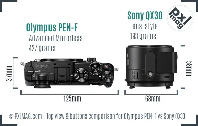 Olympus PEN-F vs Sony QX30 top view buttons comparison Olympus PEN-F vs Sony QX30 top view buttons comparison